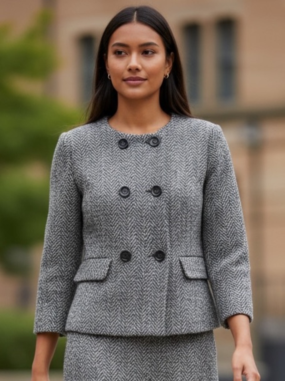 Ann Taylor Grey Textured Tweed Collarless Cropped Blazer Jacket Size 4